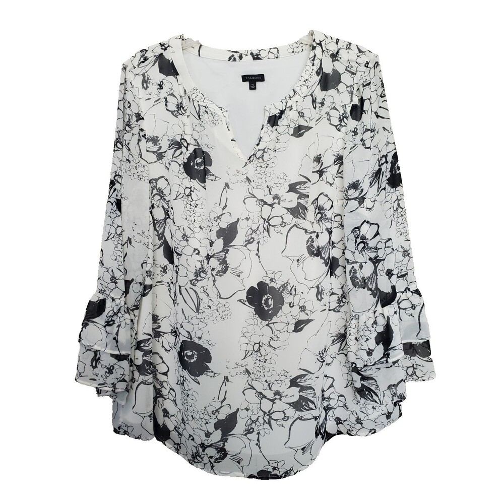 Talbots Artsy Floral Print Chiffon Split Neck Flutter Sleeve Lined Blouse XL